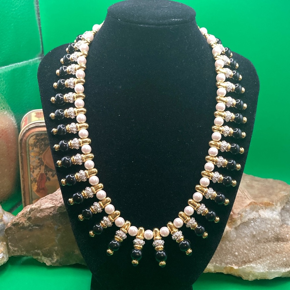 Enamel Crystal Faux Pearl Choker Gold Tone 1980s